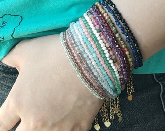 Multi Kind Natural Gemstone 3mm Beaded Bracelet: Healing Crystal Birthstone Boho Jewelry, Handmade, Faceted Flash Stones