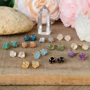 Raw Gemstone Stud Earrings Gold Plated Birthstone Studs, Healing Crystal Stone Jewelry, Boho Gift For Women