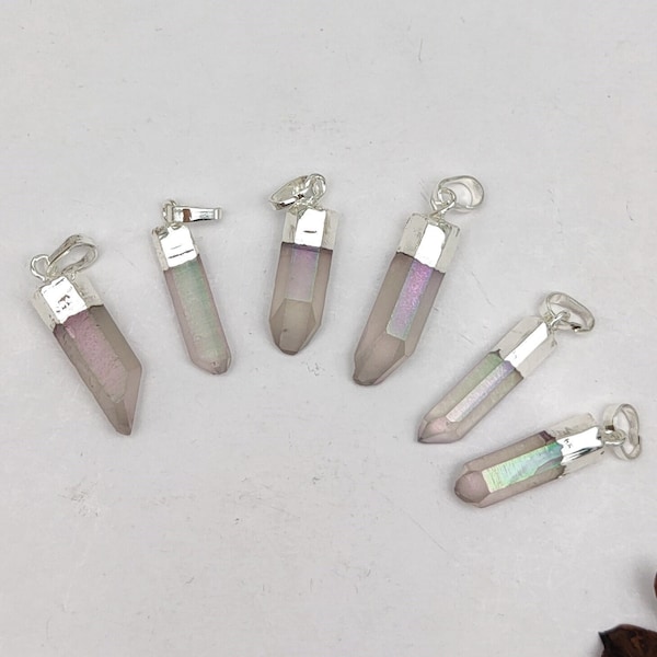 Small Silver Angel Aura Quartz Point Pendant Bead AB Color Natural Crystal Point Pendant Raw Gemstone Pendant Healing Stone Jewelry Making