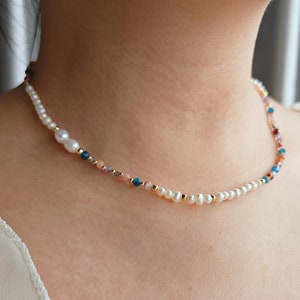 Bohemian Freshwater Pearl Colorful Natural Stone Faceted Crystal Beaded Necklace Rainbow Beads Necklace Handmade Boho Jewelry Necklace Gift