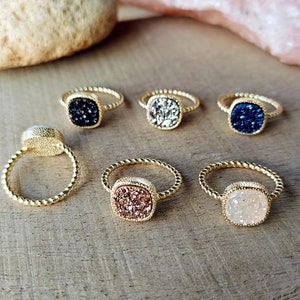 Titanium Natural Druzy Crystal Ring Gold Plated Square Drusy Geode Ring Sparkle Crystal Stone Ring Gemstone Ring Boho Jewelry Ring Gift