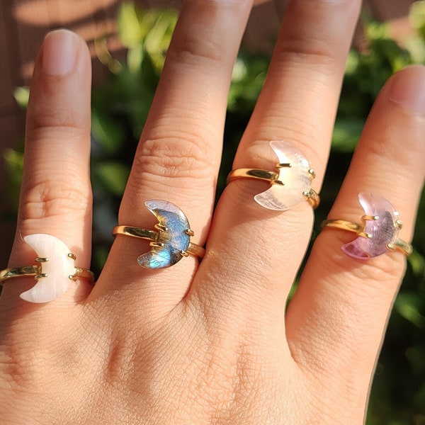 Adjustable Gemstone Moon Ring Gold Plated Brass Healing Crystal Stone Ring Amethyst Rose Quartz Labradorite Crescent Moon Ring Jewelry