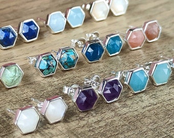 Small Silver Hexagon Gemstone Stud Earrings Rose Quartz Healing Crystal Stone Earring Studs Birthstone Earrings Boho Jewelry Gift For Women