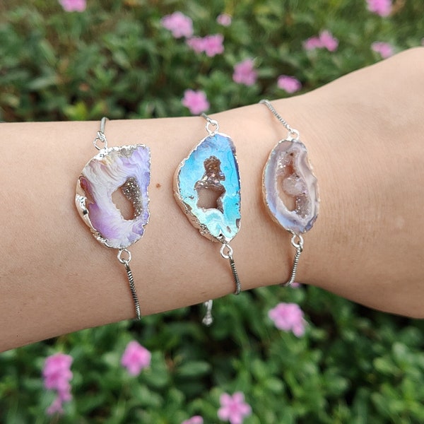 Silver Plated AB Color Druzy Geode Slice Bracelet Slider Adjustable Box Chain Agate Druzy Drusy Bracelet Gemstone Bracelet Handmade Jewelry