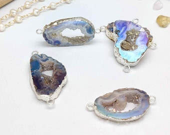 Brilliant AB White Druzy Agate Slice Connector Silver Plated, Iridescent Raw Crystal Charm Gemstone Pendant for DIY Jewelry Making