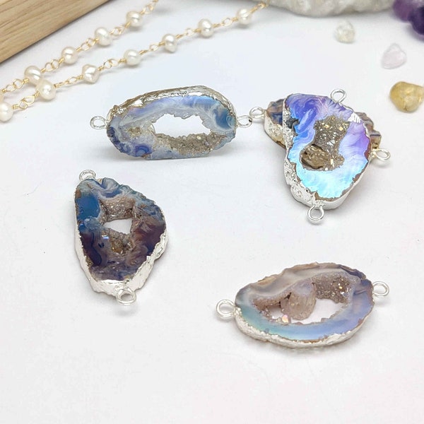 Brilliant AB White Druzy Agate Slice Connectors Silver Plated Brass Loops Raw Crystal Druzy Charm Different Size Natural Druzy Drusy Jewelry