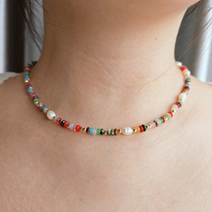 Bohemian Rainbow Beads Roundel Stones & Freshwater Pearl Necklace Colorful Gemstone Beaded Necklace Handmade Boho Jewelry Gift For Her Women