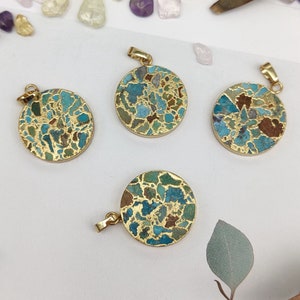 Round Natural Copper Turquoise Pendant Gold Plated Turquoise Gemstone Charm Pendant Gold Line Stone Pendant Turquoise Jewelry DIY Making