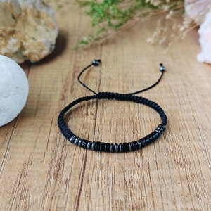 Pulsera con código Morse para hombre, cuentas de hematita y obsidiana negra, joyería ajustable hecha a mano, regalo para él o para ella.