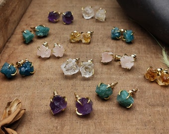 Small Claw Raw Gemstone Gold Plated Stud Earrings Real Quartz Birthstone Earrings Healing Crystal Stone Earrings Boho Jewelry Gift For Women