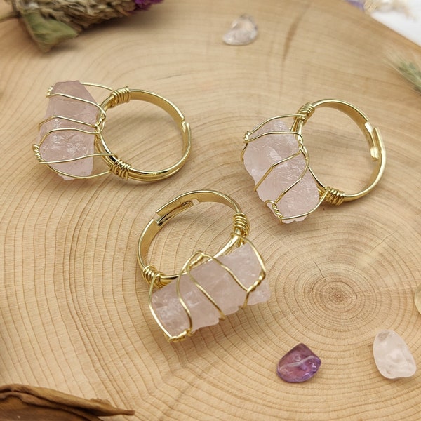 Adjustable Raw Rose Quartz Ring Gold Plated Brass Wrap Crystal Statement Ring Birthstone Ring Handmade Gemstone Ring Healing Crystal Jewelry