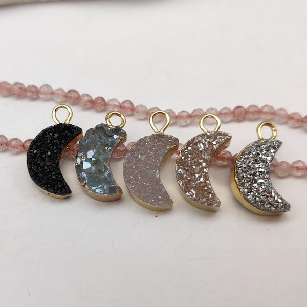 Small Druzy Moon Charms Gold Plated Brass Single Loop Natural Druzy Moon Charm Small Size Crescent Moons Drusy Druzy Jewelry