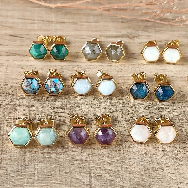 Gold Hexagon Gemstone Stud Earring Birthstone Earrings Amazonite Sunstone Turqoise Studs Healing Crystal Post Earring Boho Jewelry Gift