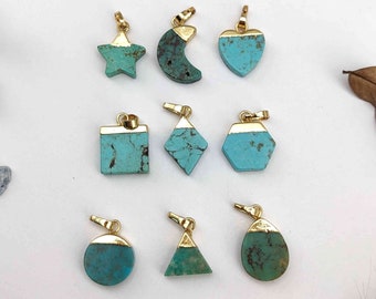 Small Natural Turquoise Pendants Gold Plated Genuine Real Turquoise Charm Square Heart Moon Hexagon Triangle Aqua Gemstone Pendant Jewelry