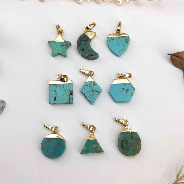 Small Natural Turquoise Pendants Gold Plated Genuine Real Turquoise Charm Square Heart Moon Hexagon Triangle Aqua Gemstone Pendant Jewelry