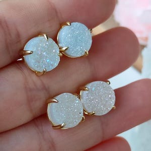 Round AB Color Natural Druzy Stud Earrings, Gold Prong White Agate Crystal Stud, Titanium Jewelry, Boho Gemstone Gift for Her