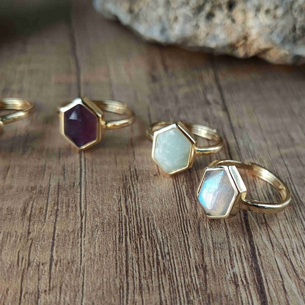 Adjustable Gemstone Ring Hexagon Shape Gold Plated Brass Healing Crystal Stone Ring Amethyst Rose Quartz Labradorite Aquamarine Ring Jewelry