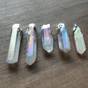 Silver Plated Raw Angel Aura Quartz Point Pendant Angel Aura Crystal Point Pendant Healing Crystal Stone Stick Energy Crystal Jewelry Charm
