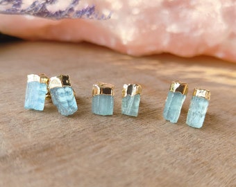 Raw Aquamarine Stud Earrings March Birthstone Earring Aquamarine Earring Aqua Blue Gemstone Earring Healing Crystal Stud Boho Jewelry Gift