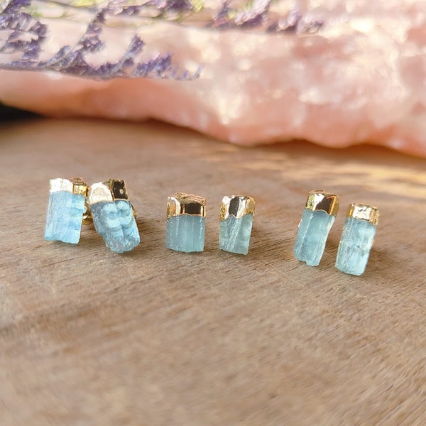 Raw Aquamarine Stud Earrings March Birthstone Earring Aquamarine Earring Aqua Blue Gemstone Earring Healing Crystal Stud Boho Jewelry Gift