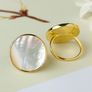 Large Round Mother of Pearl Ring: Gold Plated Coin Ring, White Pearl Shell Statement Ring, Boho Jewelry Gift