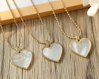 Pretty 17" Gold Plated Mother Of Pearl Heart Necklace 1mm Gold Bead Chain Necklace Natural White Pearl Shell Necklace Beach Fashion Jewelry