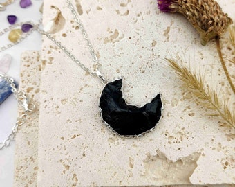 16" Natural Black Obsidian Moon Necklace Silver Plated Brass Raw Gemstone Pendant Necklace Healing Crystal Crescent Moon Necklace Jewelry