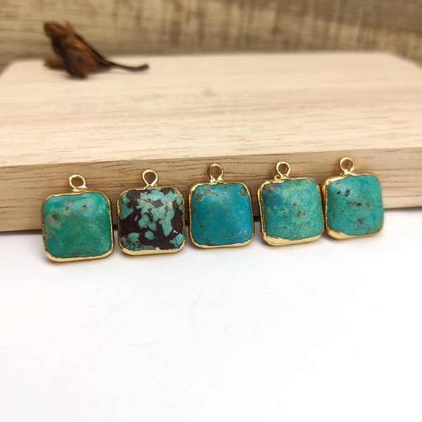 Small Natural Turquoise Square Charms Gold Plated Brass Single Loop Genuine Real Turquoise Charm Square Shape Small Size Aqua Gemstone Charm