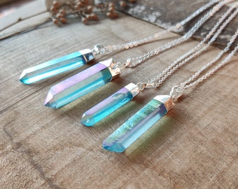 Raw Aqua Aura Quartz Point Pendant Necklace Silver Plated Blue Aura Quartz Healing Crystals Energy Jewelry Success Stone For Her For Him