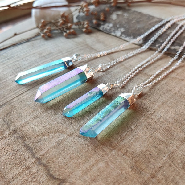 Raw Aqua Aura Quartz Point Pendant Necklace Silver Plated Blue Aura Quartz Healing Crystals Energy Jewelry Success Stone For Her For Him