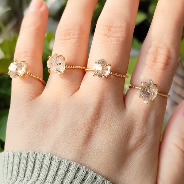 Gold Claw Herkimer Diamond Ring Raw Herkimer Quartz Ring April Birthstone Ring Healing Crystal Statement Ring Boho Jewelry Gift For Her