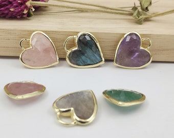 Faceted Heart Natural Gemstone Charm Pendant Gold Plate Briolette Healing Rose Quartz Amethyst Moonstone Labradorite Heart Jewelry Making