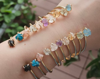 Adjustable 2-Raw Gemstone Bracelet Gold Healing Crystal Stone Birthstone Bangle Rose Quartz Citrine Aquamarine Cuff Jewelry Gift For Women
