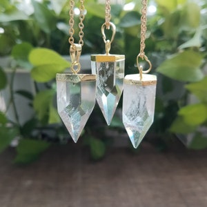 Gold Plated Natural White Quartz Point Necklace 16 Inches Hexagon Faceted Clear Crystal Necklace Healing Crystal Stone Necklace Jewelry