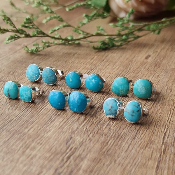 Sterling Silver Natural Turquoise Stud Earring Irregular Shape Real Genuine Turquoise Stud Gemstone Birthstone Earrings Boho Jewelry Gift