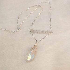 16“ Angel Aura Quartz Healing Point Silver Chain Necklace White Quartz Beads Necklace Raw Crystals Stone Necklace Handmade Boho Jewelry Gift