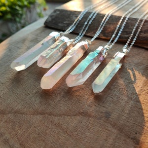 16&quot; Silver Plated Natural Angel Aura Quartz Point Pendant Necklace Raw White Quartz Necklace Healing Crystal Necklace Aura Crystal Jewelry