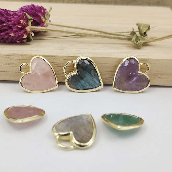 Faceted Heart Natural Gemstone Charm Pendant Gold Plate Briolette Healing Rose Quartz Amethyst Moonstone Labradorite Heart Jewelry Making