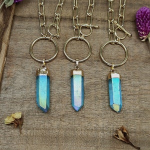 Aqua Aura Quartz Point Necklace Gold Plated Paperclip Chain Circle Ring Raw Blue Aura Crystal Point Necklace Healing Necklace Boho Jewelry