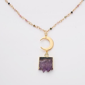 18&quot; Raw Amethyst Gold Moon Necklace Rainbow Tourmaline Beads Necklace Crescent Moon Healing Crystal Gemstone Pendant Necklace Boho Jewelry
