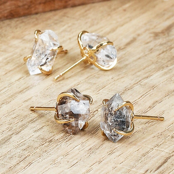 Gold Herkimer Diamond Quartz Stud Earrings Healing Gemstone Earrings Raw Crystal Studs April Birthstone Earrings Boho Jewelry Gift For Women