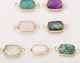 Conectores rectangulares facetados de piedras preciosas naturales, colgantes chapados en oro, dijes de cristal briolette, cuarzo rosa, amatista, piedra lunar, para la creación de joyas DIY.