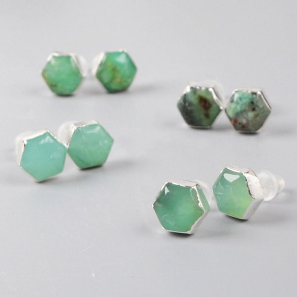 Boho Hexagon Natural Australia Jade Stud Earrings,925 Silver Post,Chrysoprase Earrings Healing Gemstone Jewelry Earrings Gift For Women