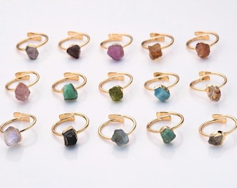 Justerbar rå ädelstensring förgylld födelsestensring helande kristallring rosenkvarts månsten obsidian smaragd boho smycken ring present