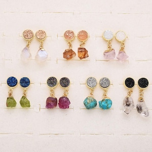 Unique Titanium Druzy & Raw Gemstone Stud Earrings Birthstone Studs Healing Crystals Earring Studs Citrine Quartz Boho Jewelry Birthday Gift