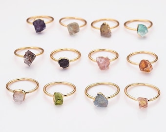 Natural Raw Gemstone Ring Gold Plated Birthstone Ring Healing Crystal Stone Ring Amethyst Rose Quartz Moonstone Ruby Boho Jewelry Ring Gift