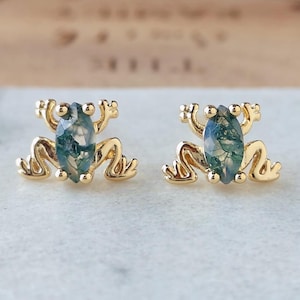 Green Real Moss Agate Frog Gold Studs Birthstone Healing Crystal Earrings Gemstone Jewelry Birthday Gift for Her Mom Wife Friend Daughter