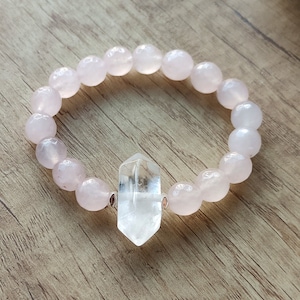 Natural Rose Quartz Beaded Bracelet Terminated Point White Quartz Bracelet 10mm Beads Healing Crystal Stone Bracelet Handmade Jewelry
