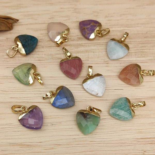 Briolette Heart Rainbow Gemstone Pendants Gold Plated Faceted Birthstone Hearts Healing Crystal Charm Rose Quartz Fluorite Amazonite Jewelry