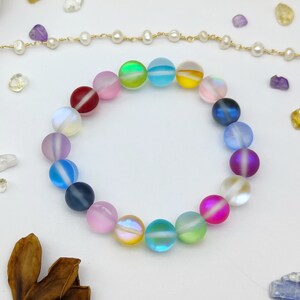 Rainbow Iridescent Glowing Mermaid Glass Beaded Bracelets 10mm Mystic Aura Glass Beads Stretch Bracelet Holographic Shimmer Summer Jewelry